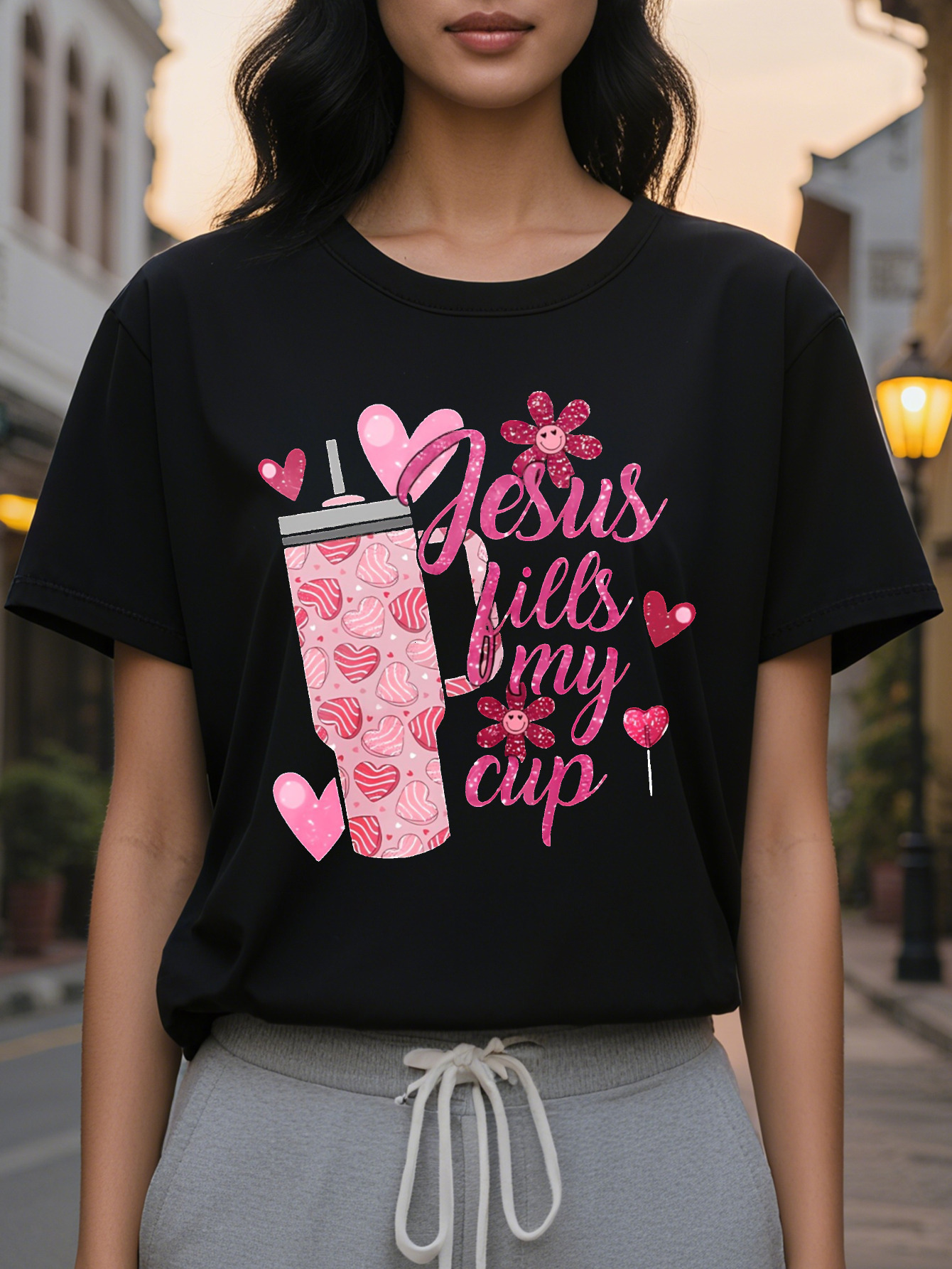 Valentine Jesus Fills My Cup Printed T-shirt Short Sleeve Round Neck Casual Top Summer and Spring Women