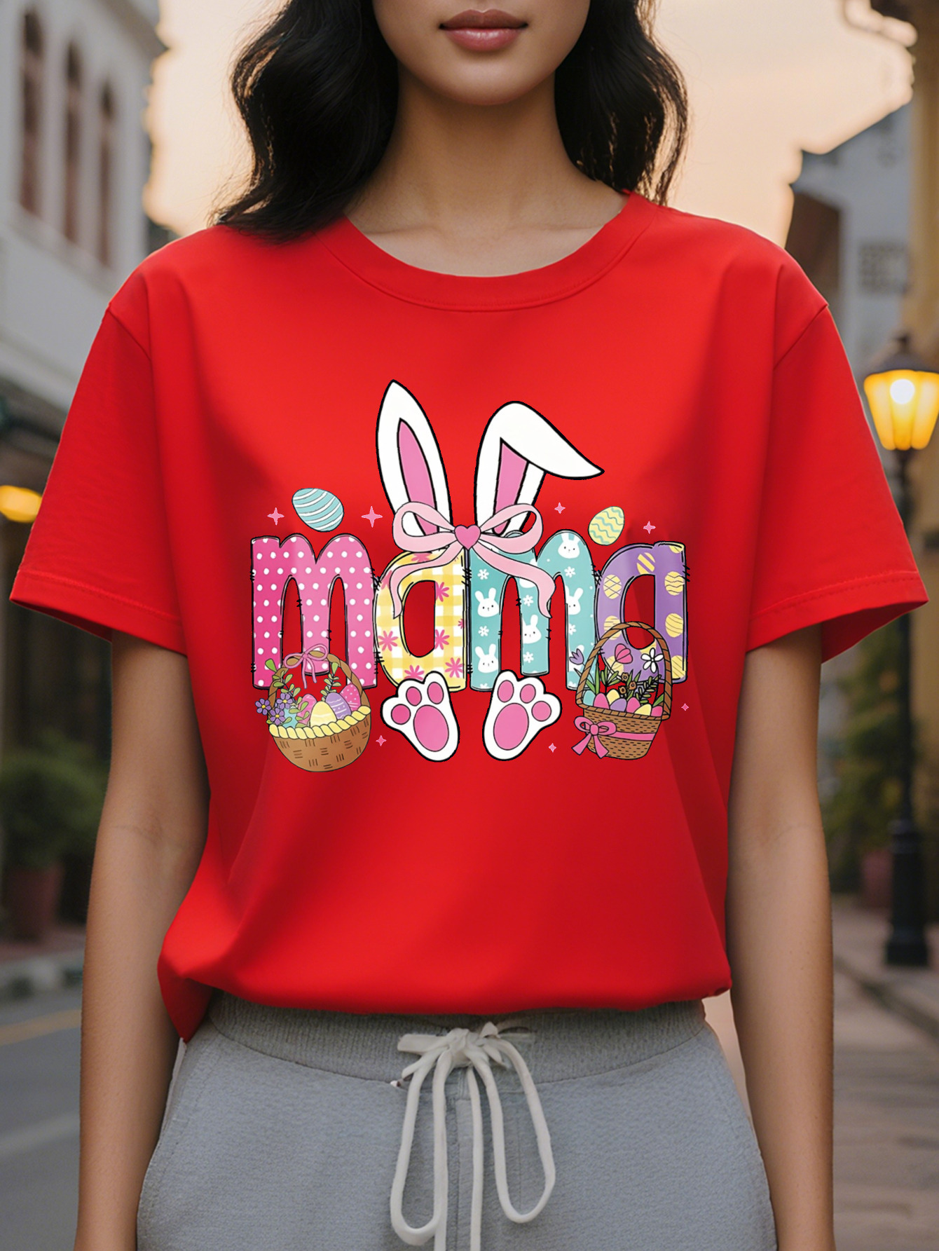 Large XL Mom Graphic Print Lavender T-Shirt Floral Bunny Ears Design Crew Neck Casual Short Sleeve Washable Women's Plus Size