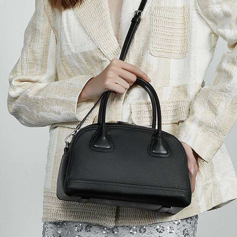 Burminsa Cowhide Genuine Leather Bowling Tote Handbags For Women 2025 Trend Designer Shell Work Ladies Shoulder Crossbody Bags