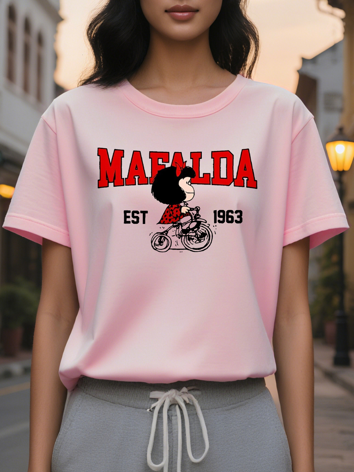 100% Cotton Ladies Vintage Printed T-Shirt Bright Pink MAFALDA Bike Pattern Loose Casual Short Sleeve Top Spring Summer