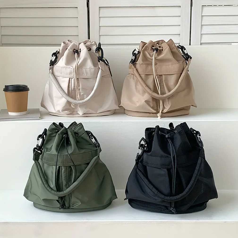 New Fashion Womens Bag Large Capacity Drawstring Bucket Bag Simple Workwear Style Nylon Shoulder Bag For Women Handbag Z250903