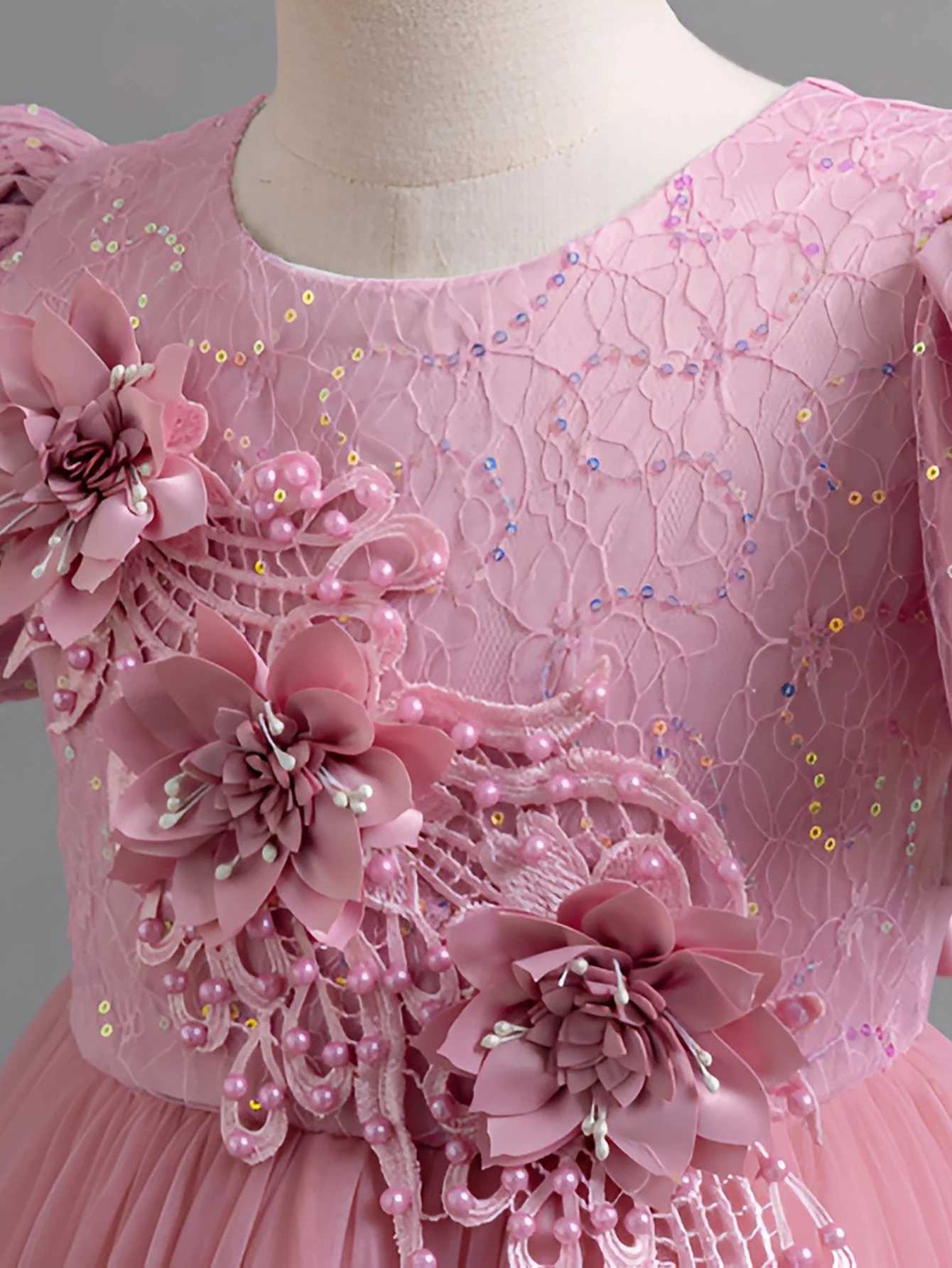 Elegant Bridesmaids Party Girls Dresses Puff Sleeve Tulle Wedding Costume Flower Birthday Princess Dress Girls Baptism Prom Gown Z250904