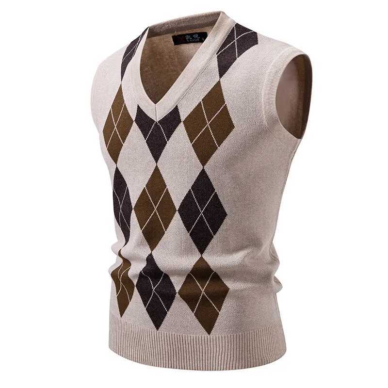 Mens Sleeveless Knit Vests Fashion Geometric Knitted Pullovers Men VNeck Smart Casual Sweater Tank Tops Knitting Mens ClothingXJ250904