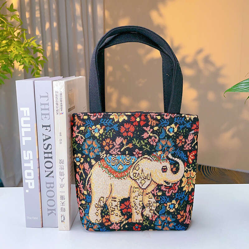 Canvas Jacquard Embroidered Cute Cartoon Phone Bag Mini Artistic Fresh Handbag Simple