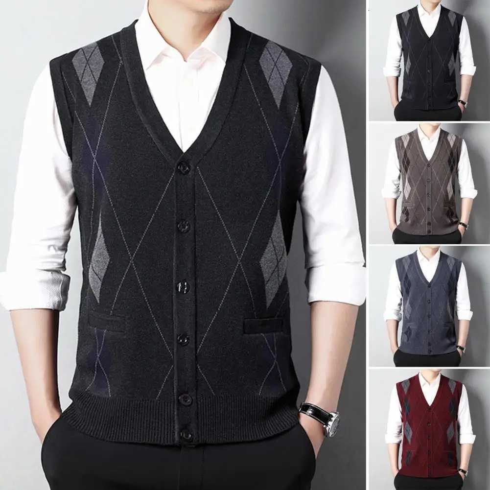 Men Autumn Winter Cardigan Sweater Singlebreasted V Neck Sleeveless Buttons Color Matching Pockets Knitted Vest Midaged TopXJ250904