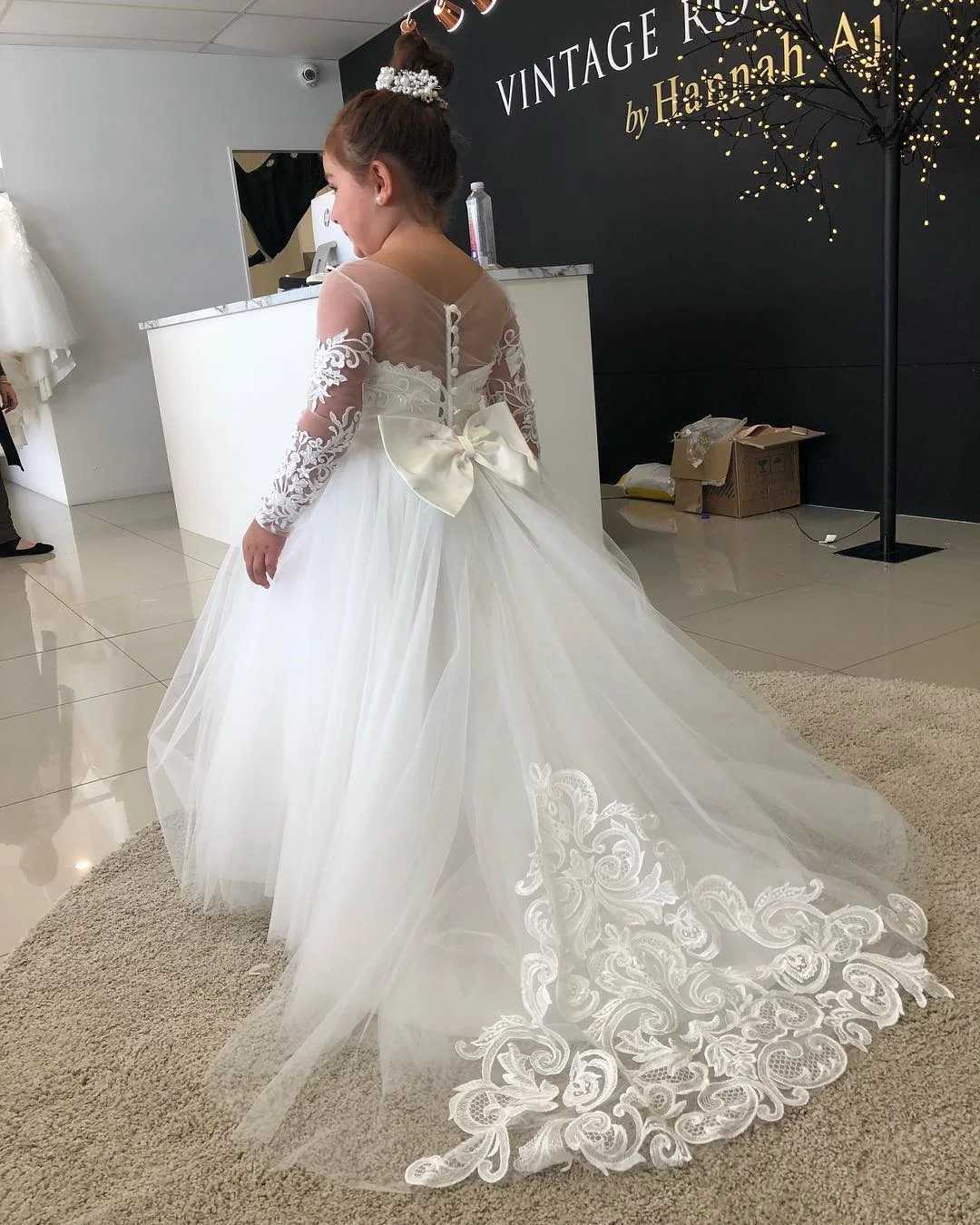 BABYONLINE Long Sleeve Flower Girl Dresses For Wedding Guest Kids Bridesmaid With Bow White Ivory Lace Tulle First Communion Z250904