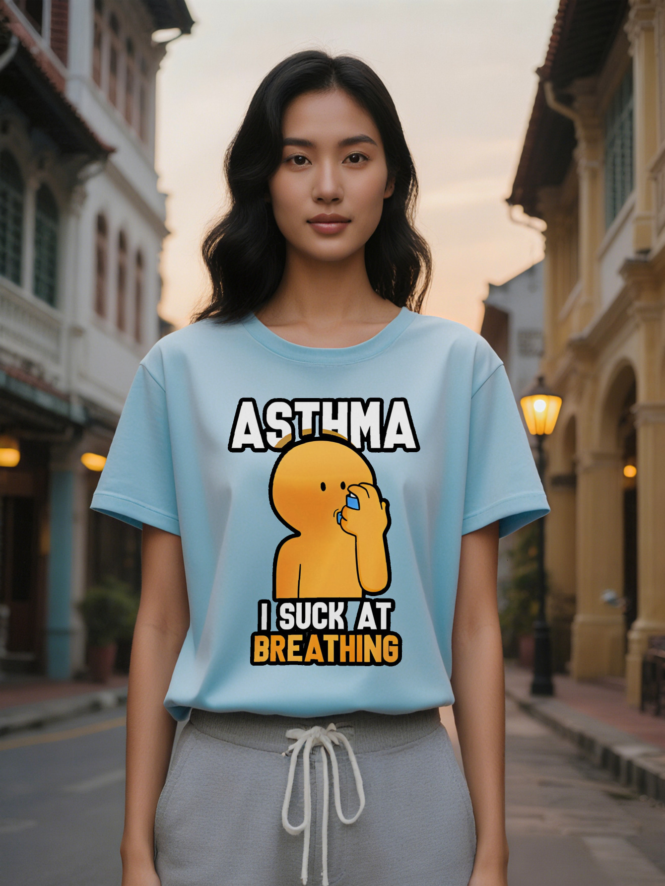 Lady Humorous Asthma Graphic T-Shirt Black Casual Round Neck Tee with Cartoon Character I SUCK AT BREATHING Print