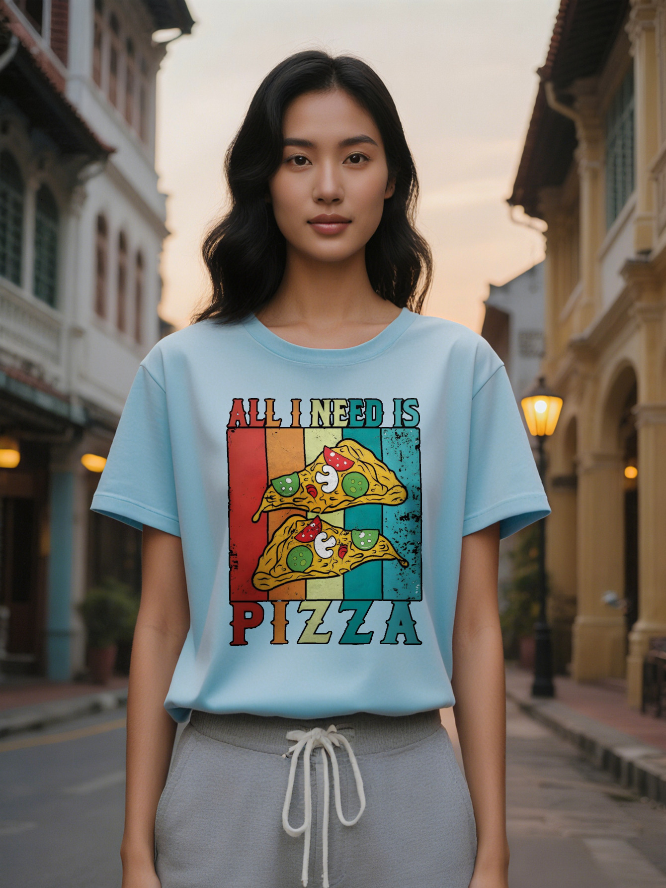 Lady Casual Crew Neck T-Shirt with All I Need Is Fun Pizza Themed Design Black Summer Essential Hine Washable