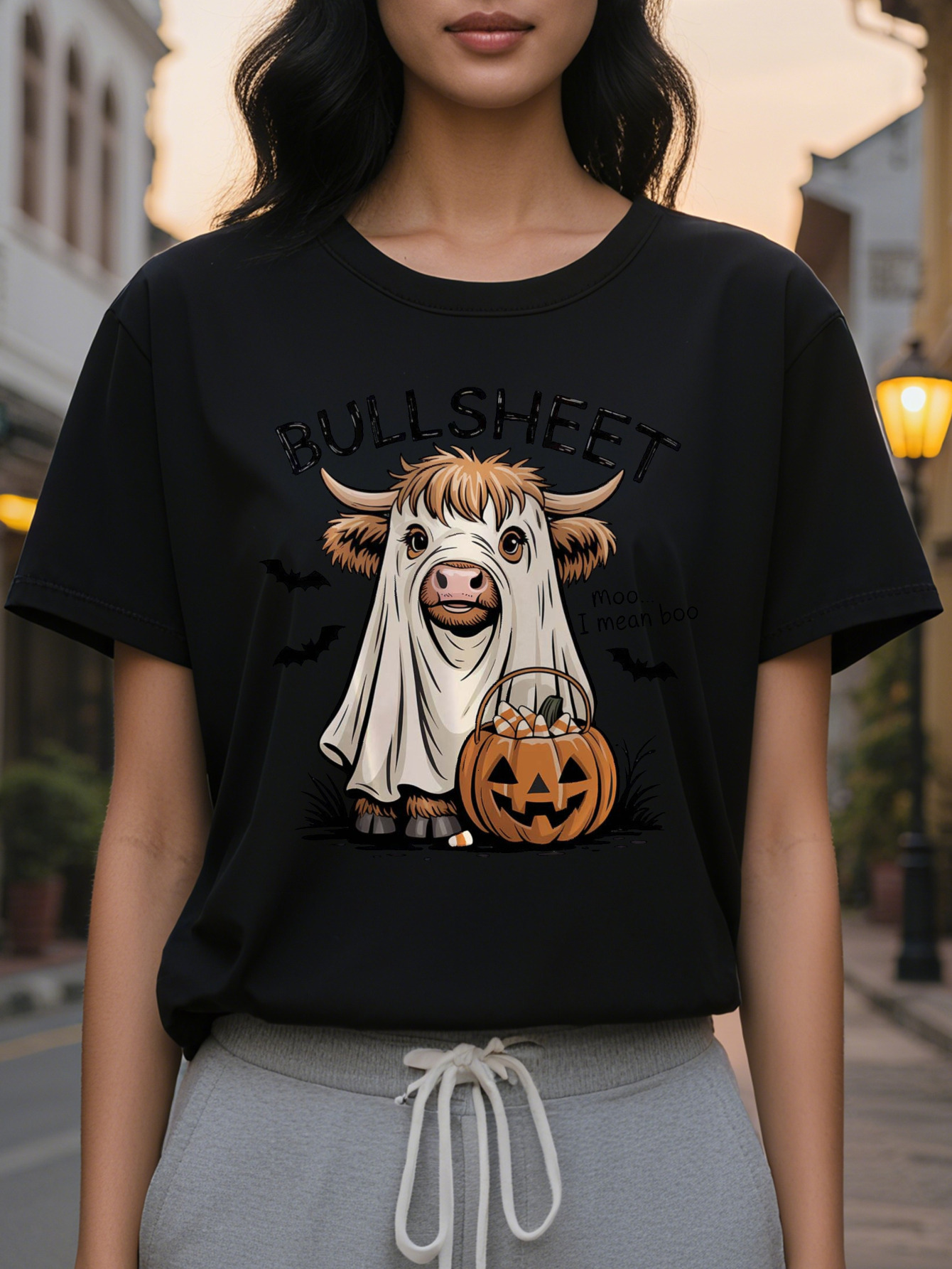 Women's Fun Bullsheet T-shirt Scottish Mooooo Print Halloween Theme Party Casual Summer Crewneck Top Washable