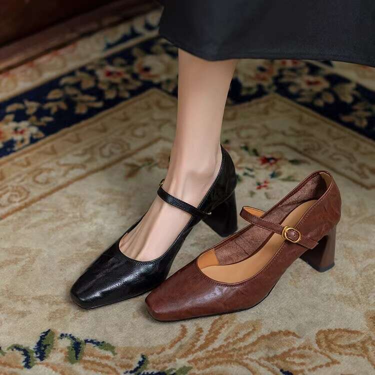 Soft Sheepskin Black High Heels French Style Chunky Designer Shoe Heel One Strap Mary Jane Women's Single Shoes