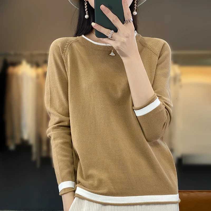 100 Cotton Knitwear Womens Round Neck Sweater Spring And Summer New Loose Color Matching Cotton And Linen Bottoming Shirt M250904