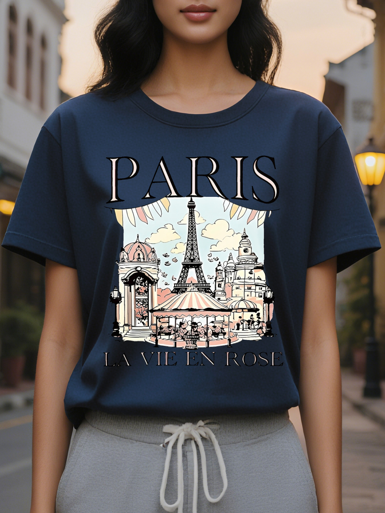 Paris Landmarks Print Fashion T Shirt Cotton Knit Fabric for Women Casual Crew Neck with Eiffel Tower Design All Seasons