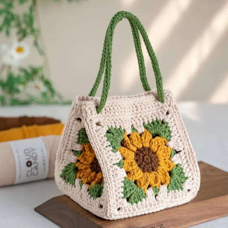 Handmade crochet hollow flower solid color elegant handbag, mobile phone bag with inner lining magnetic buckle closure