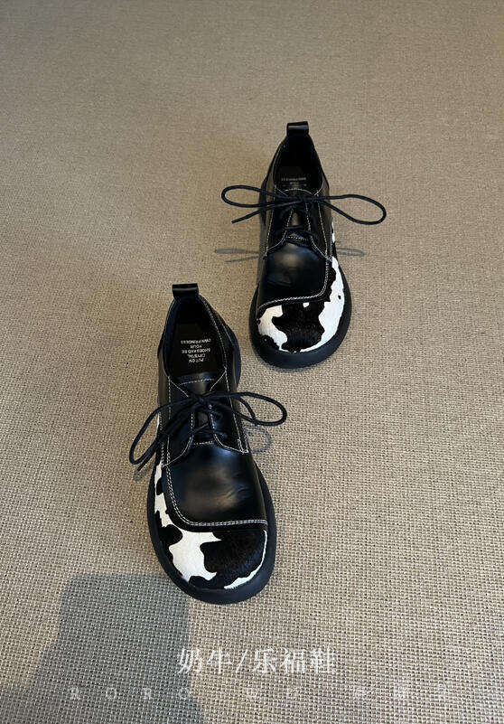 Cowhide 2025 Horsehair Niche Designer Shoe Design Cow Color Block Lace-up Genuine Loafers Thick Sole Fashion Small Leather Shoes for Women