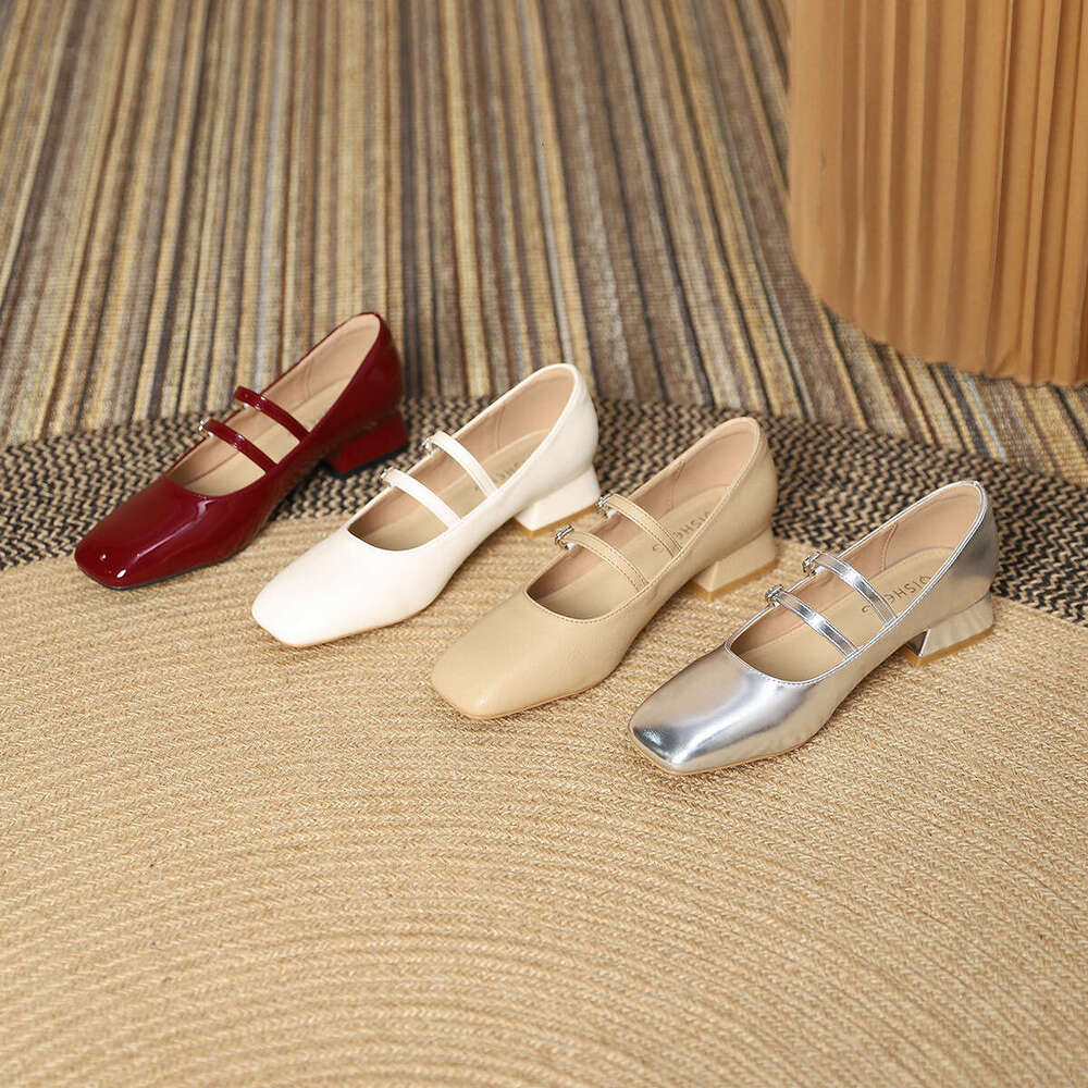 Elegant Squ Toe Designer Shoe One-Strap Mary Jane for Women 2025 Spring and Autumn New Genuine Leather Shallow Mouth Chunky Mid-Heel Single Wedding Sh