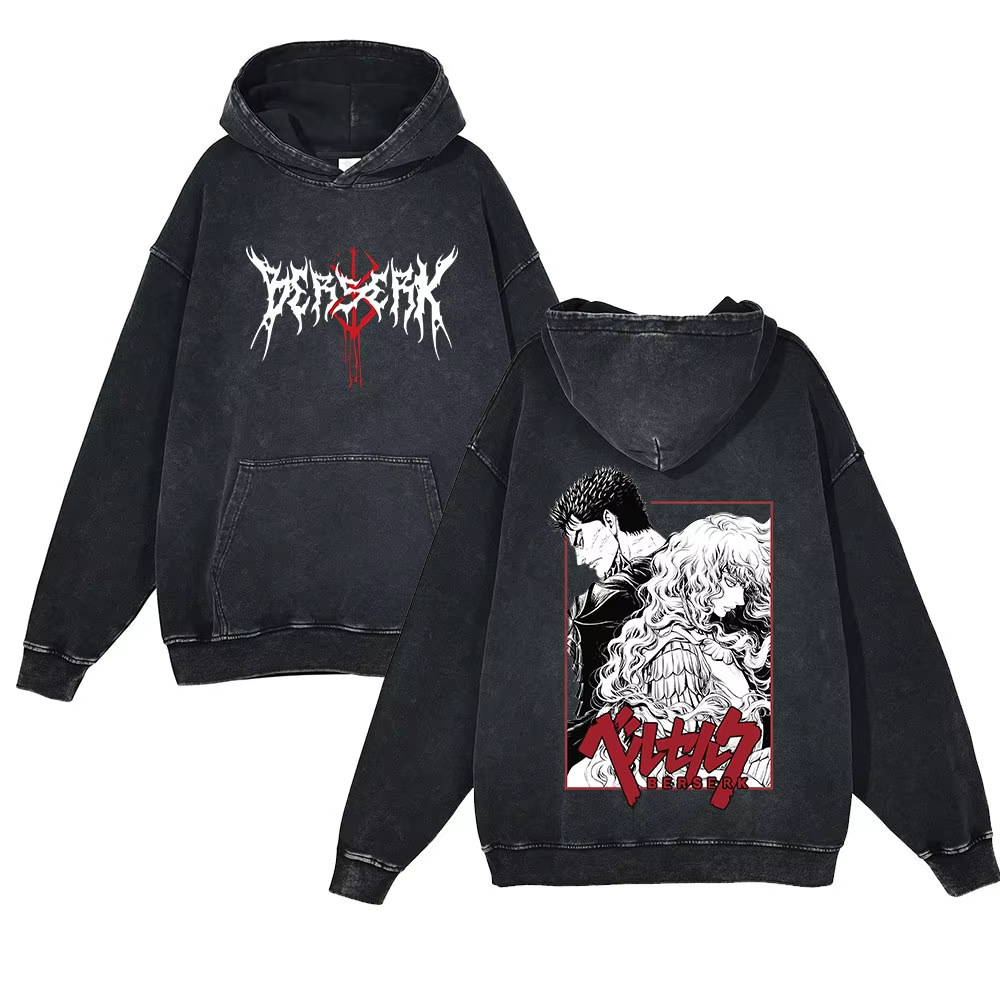 440g Heavyweight Washed Vintage Berserk Sword Art of the Dragon Print Street Retro Hoodie - VT2417