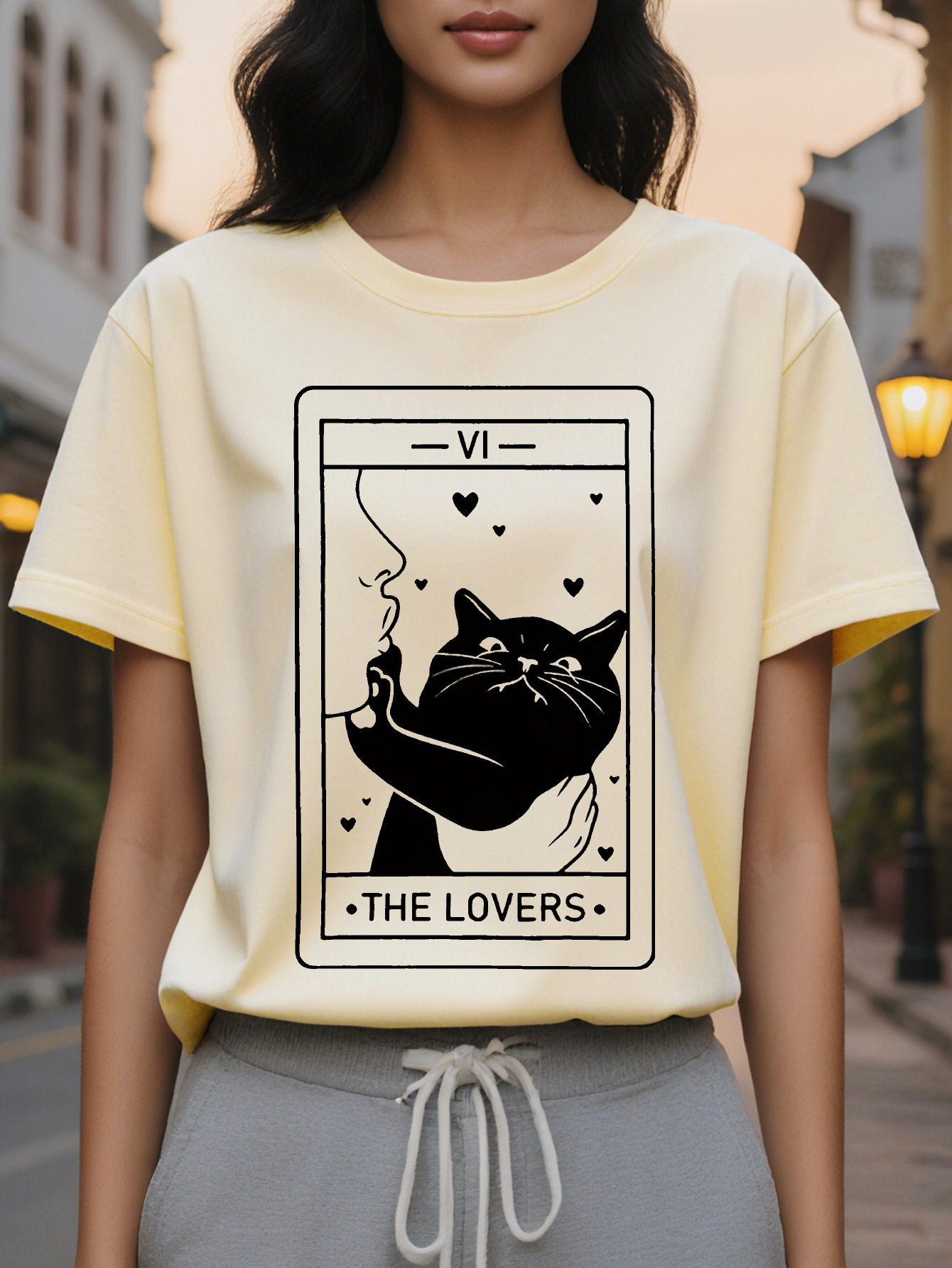 Large XL Women's Tarot The Graphic T-Shirt Whimsical Witch Hat Black with Hearts Design Soft Crew Neck Tee for Lovers Plus Size