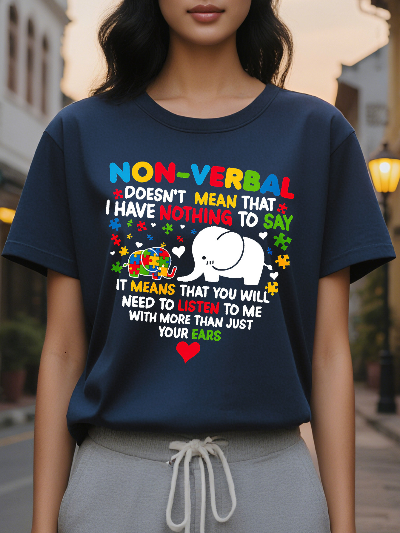 Large XL Casual Geometric Cotton T-Shirt Women's Crew Neck Short Sleeve Top with Nonverbal Autism Puzzle Print Knit Fabric Plus Size