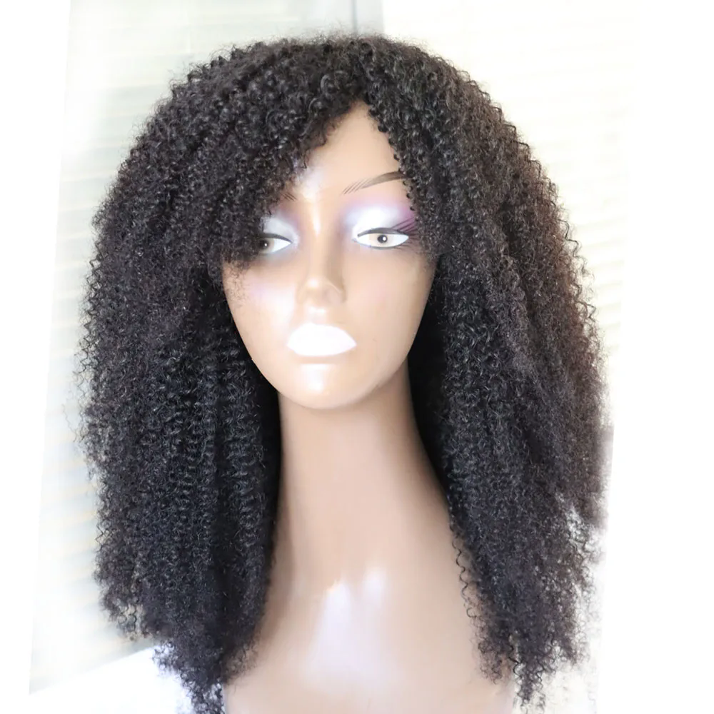 4c Afro Kinky Curly Virgin Brazilian Human Hair Machine Made Sew Wig with Bang kinki Curls natural scalp top none-lace cheap Human Hair Wig for Black 