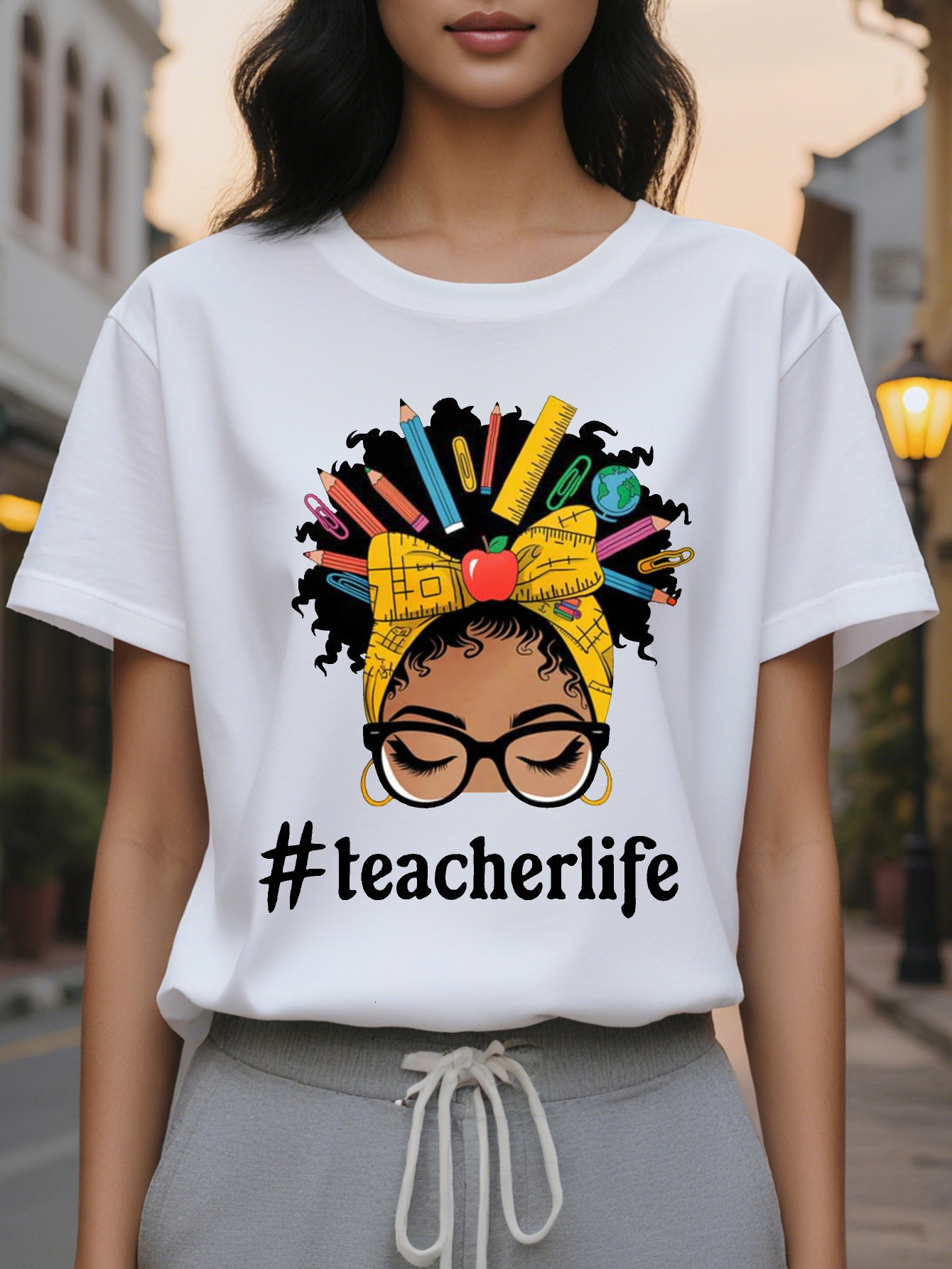Women Black History Sleeve T-Shirt Round Neck Casual Top Designed Teacher Life Colored Pencil Floral Illustration