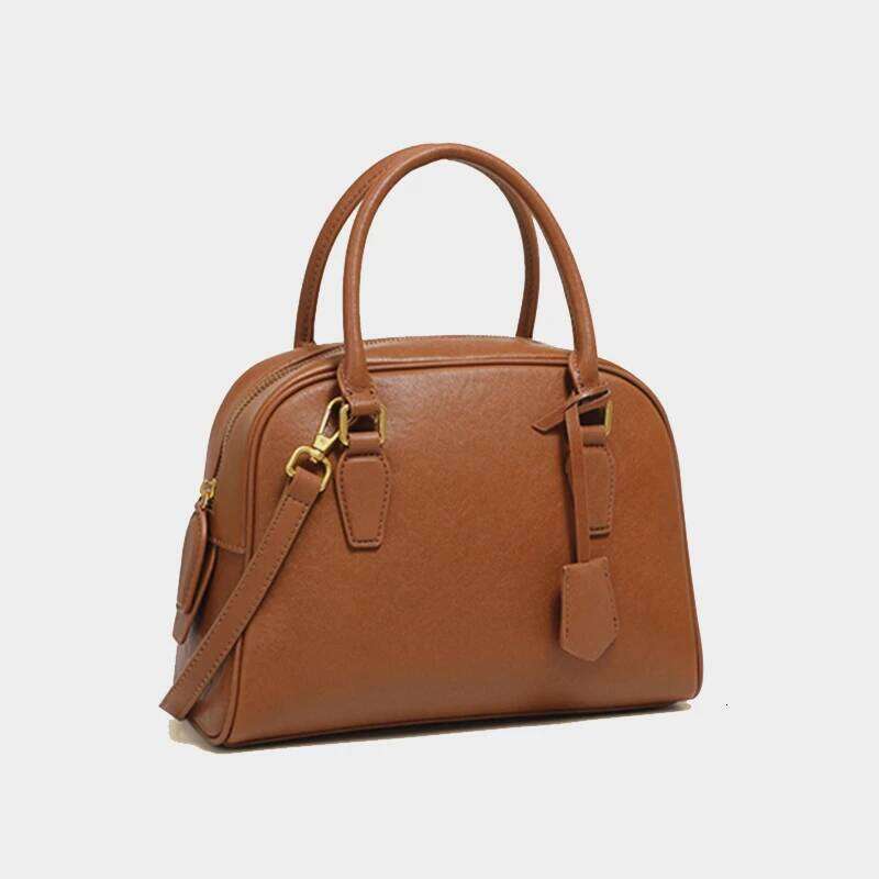 Hifashion Vintage Genuine Leather Bowling Tote Handbags For Women 2025 Designer Shell Work Ladies Shoulder Crossbody Bags