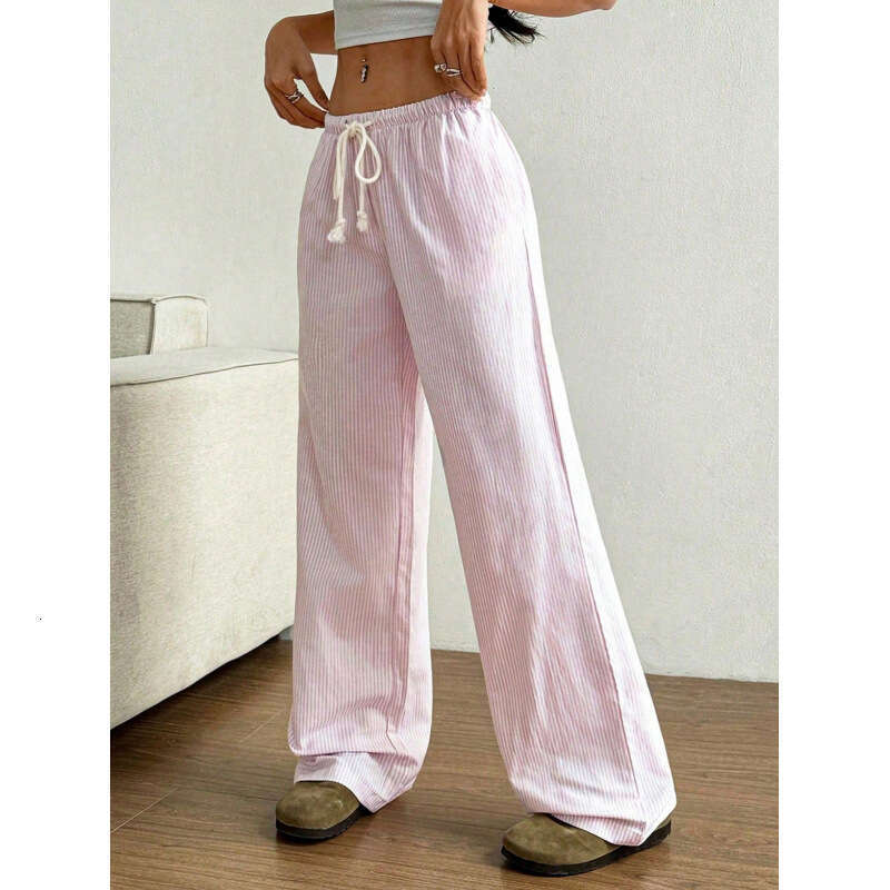 2025 New Summer Striped Straight-Leg Pants Casual Versatile Tie Fashion Loose Wide-Leg Women