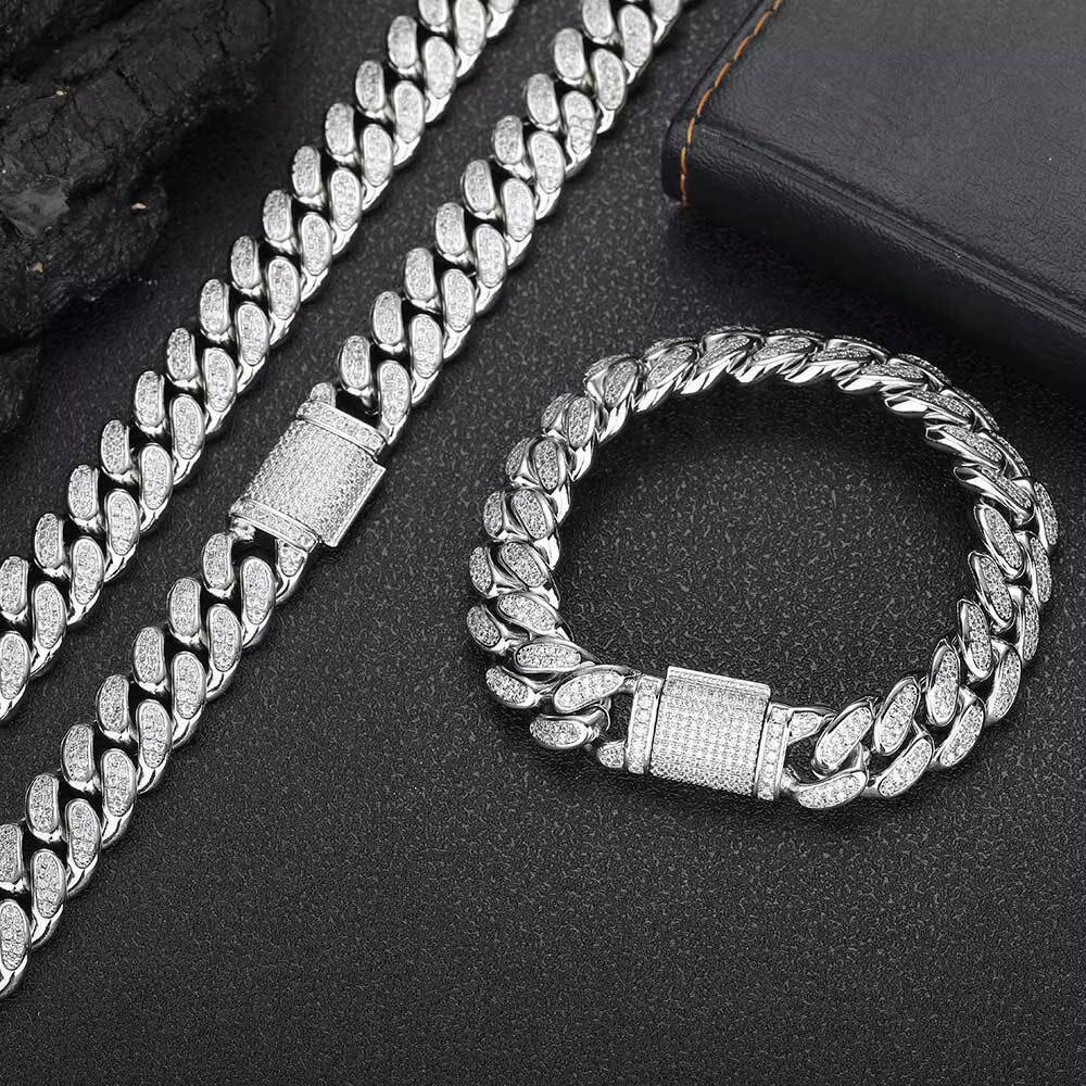 Hip Hop Style Mens Necklace with 12mm Flip Button Double Row Full Diamond Cuban Chain Chic Zircon Detail Fashion Necklace