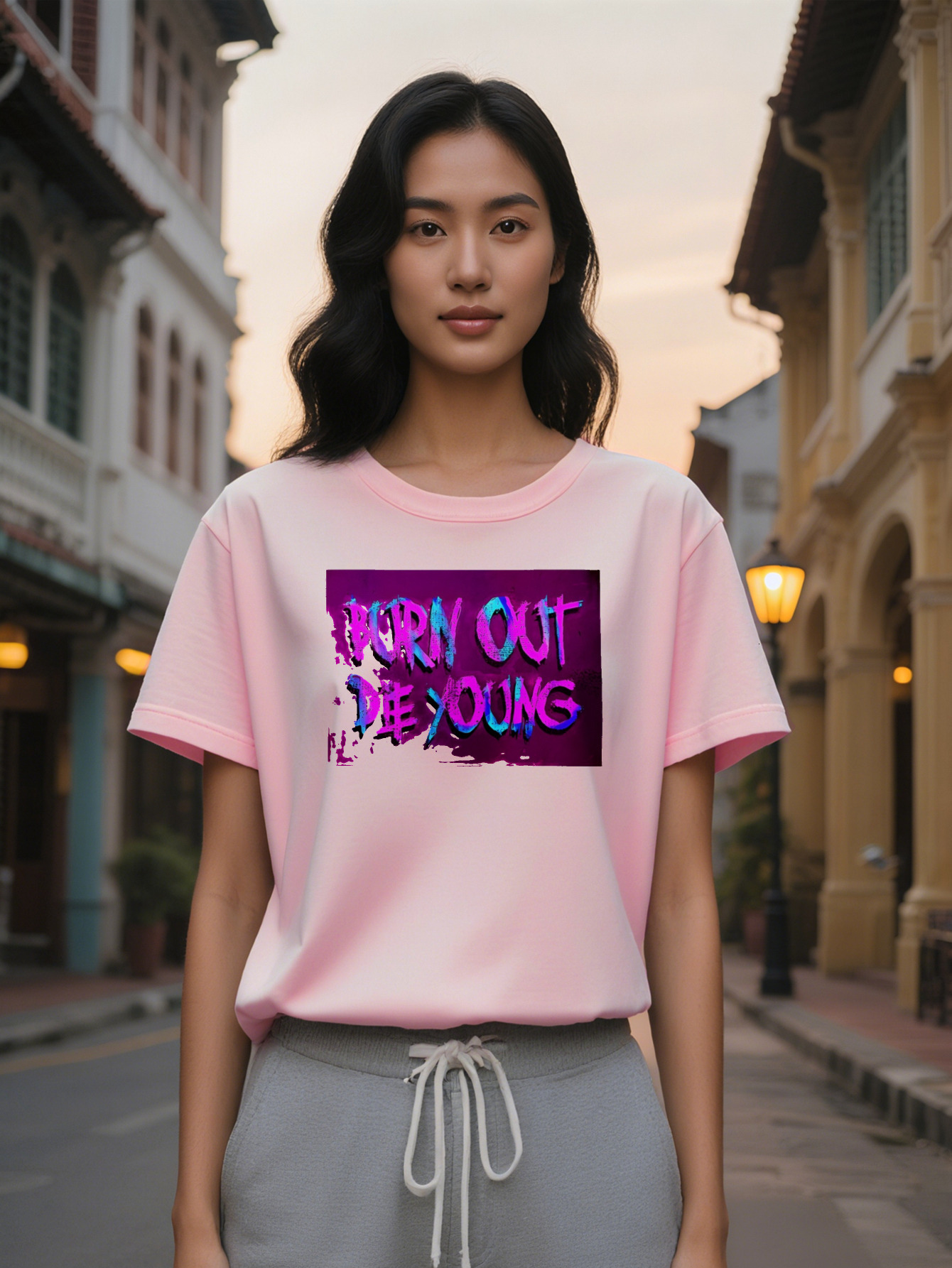 Lady Casual Crew Neck T-Shirt with Burn Out Die Young Graphic Black Lightweight and Breathable Perfect for Summer