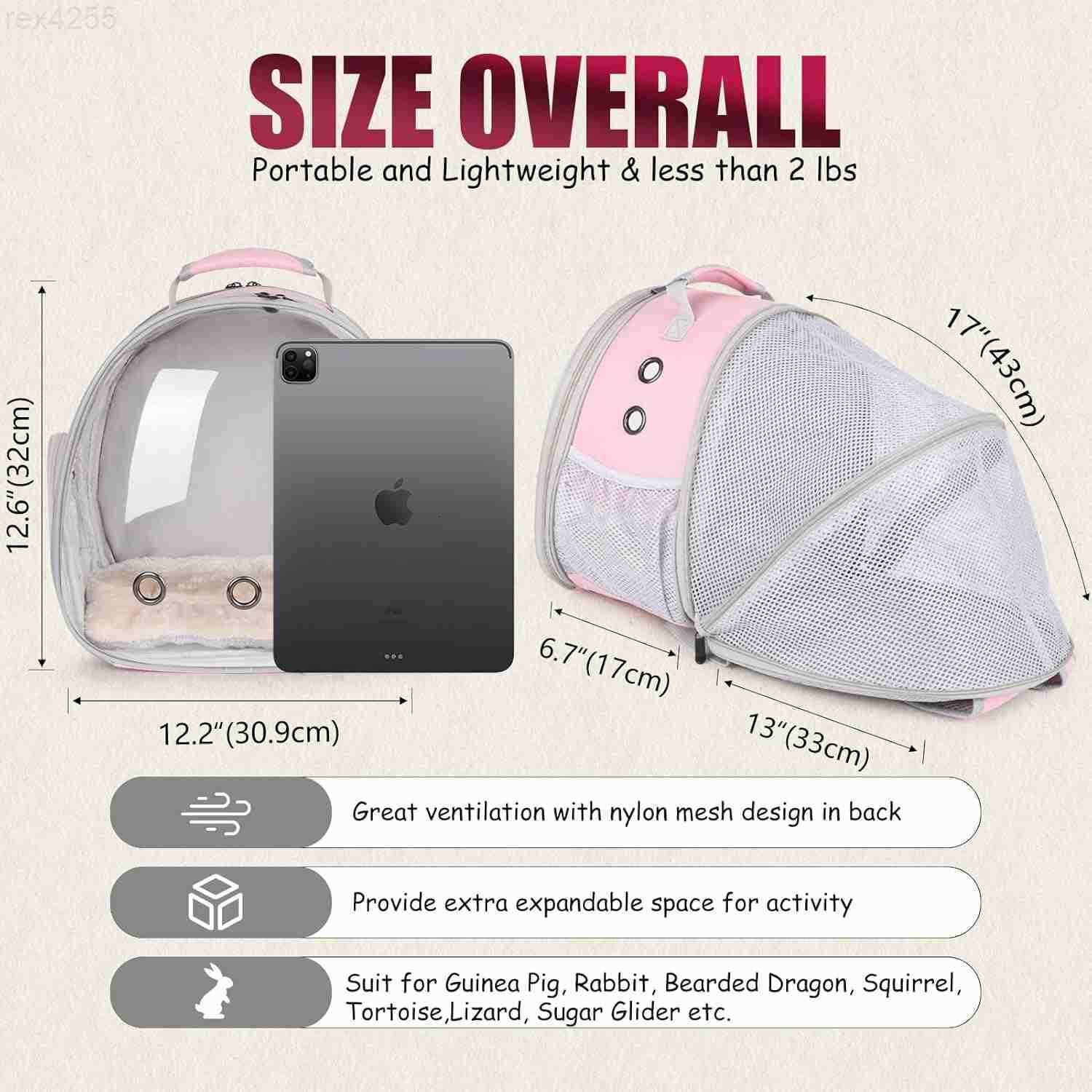 Back Expandable Backpack for Small Animals Portable Travel Bag Breathable Pet Carrier Cages for Bunny Guinea Pig Bearded Dragon Lizard Rabbit Squirrel