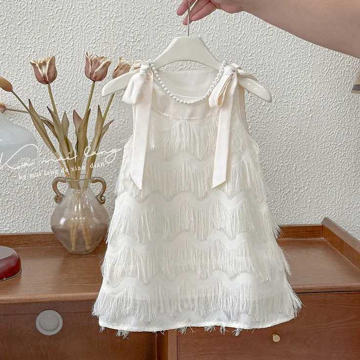 Girls Casual Dresses Fringe Bow Princess Dress Sleeveless Halter Dress for Kids White Princess Dress for Girls 2 to 7 Years Z250904
