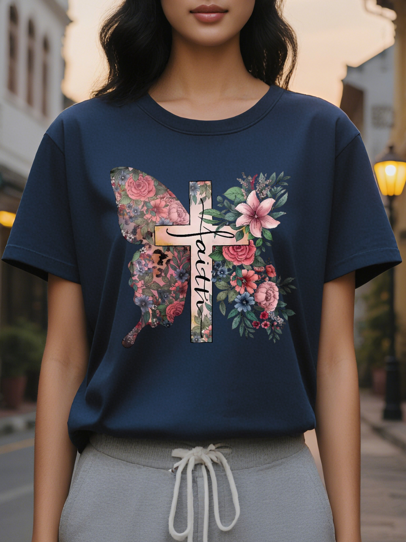 Butterfly and Cross Print Short Sleeve T-Shirt Round Neck Casual Summer Spring Top Women's Clothing