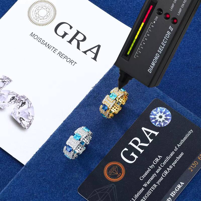 Hiphop Dainty Fine Jewelry Princess Cut 925 Sterling Silver Iced Out AAAAA Blue Moissanite Gemstone Rings for Men Women