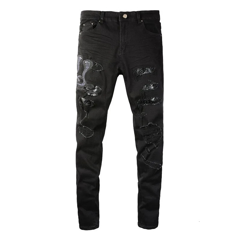 Men Snake Embroidery Jeans Skinny Tapered Stretch Denim Pants Streetwear Holes Ripped Leather Patch Patchwork Trousers Black 250823Z