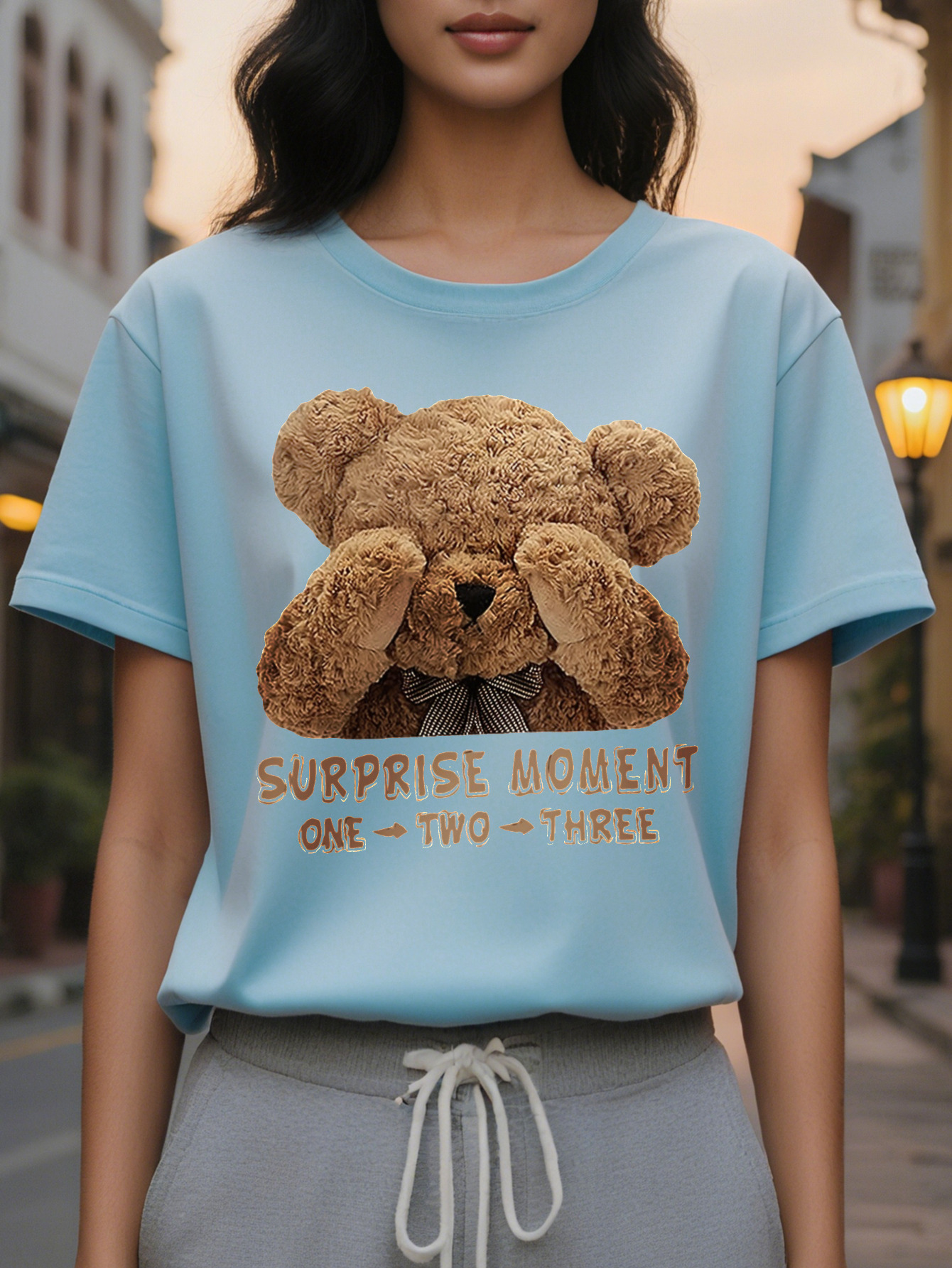 Women S Cute Teddy Bear Graphic T-Shirt Casual Short Sleeve Crew Neck Black with Surprise Moment Design Soft for