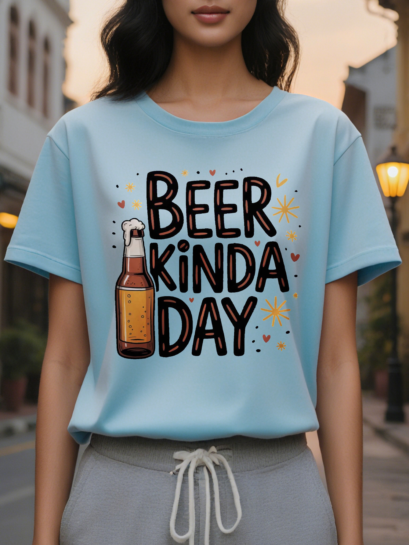 Women's Fun Lover T-shirt BEER KINDA DAY Slogan Bottle Pattern White Round Neck Summer Top Washable Party Dress