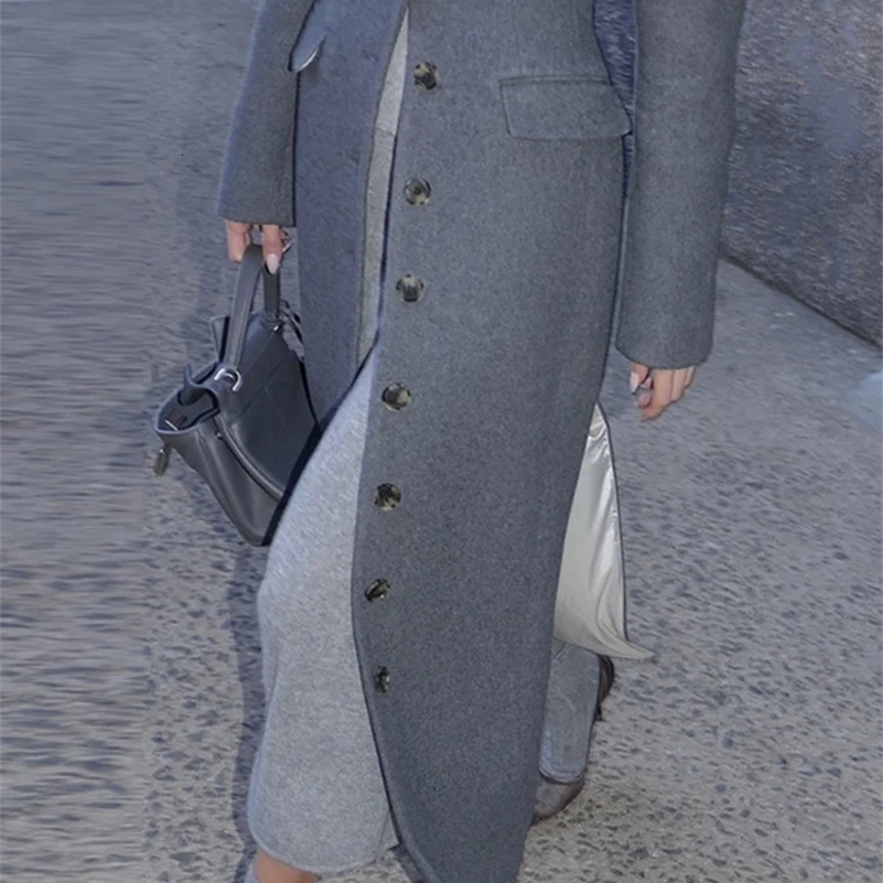 Chic Waist Up Wool Blends Long Jacket Women Lapel Full Sleeves Single Breasted Outerwear 2025 Spring Lady High Streetwear Coats 250903