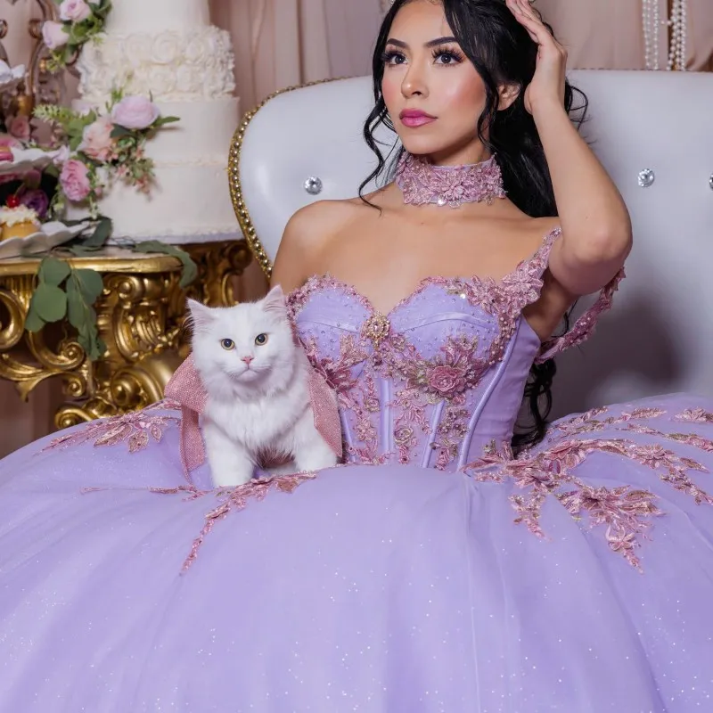 Lavender Sweetheart Corset Ball Gown Lilac Quinceanera Dresses Beaded 3D Flowers Formal Prom Graduation Gowns Lace Up Princess Sweet 15 16
