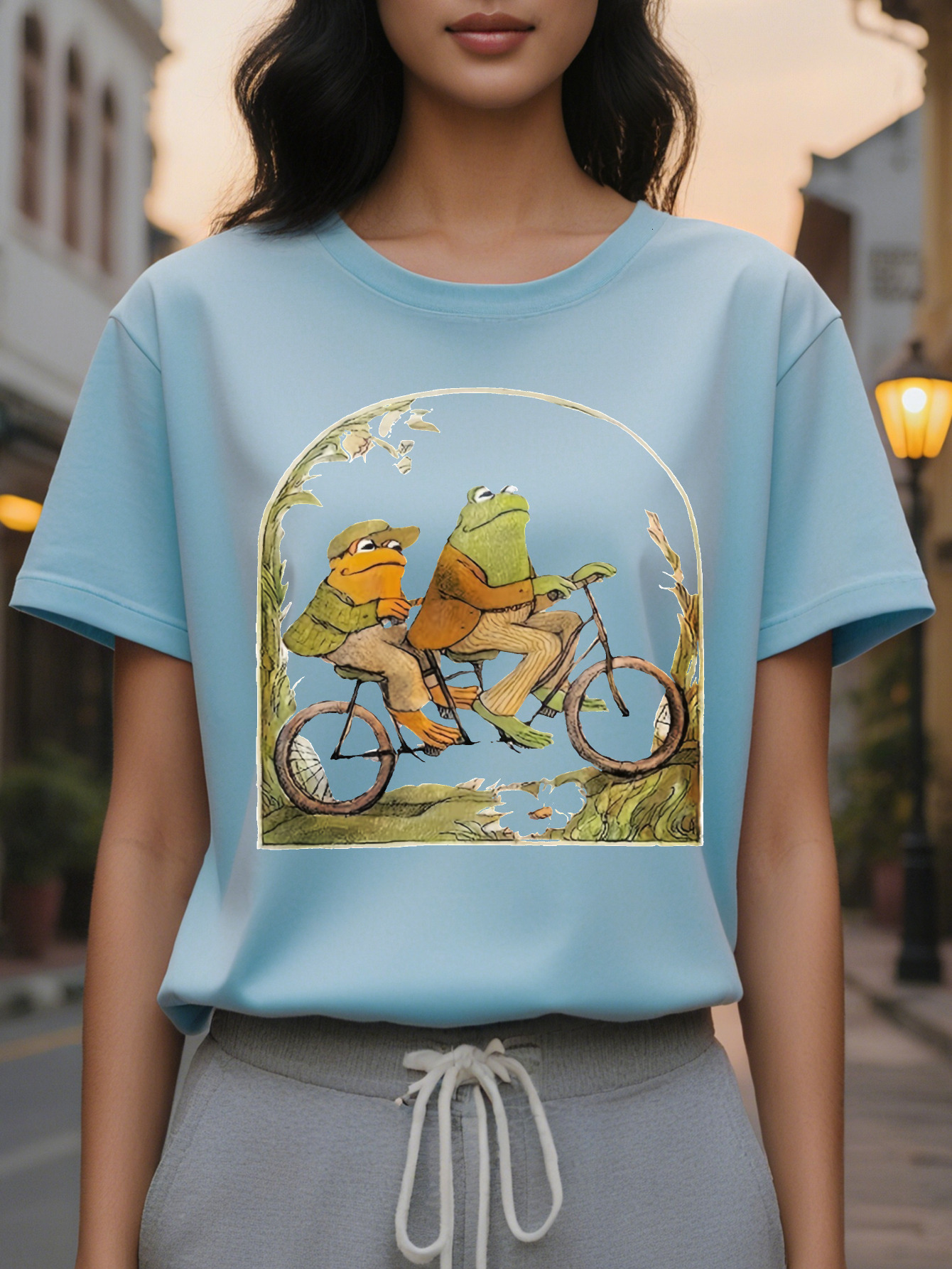 Large XL Cartoon Frog Print Crew Neck T-Shirt Casual Short Sleeve Top for Spring Summer Women's Clothing Plus Size