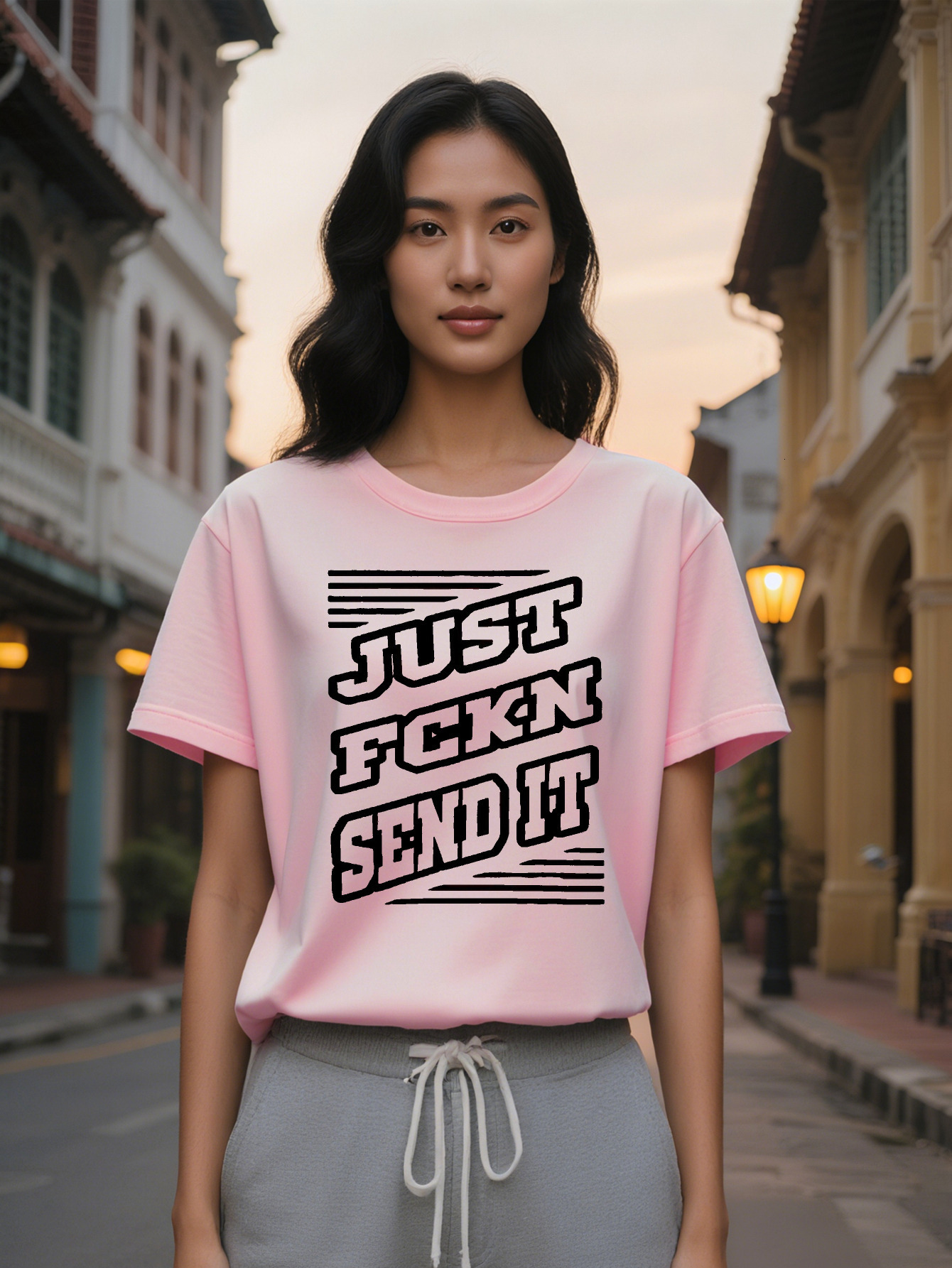 Large XL Lady Casual Round Neck T-Shirt Just Fckn Send It Bold Graphic Print Black Tee High Washable Ideal Gift for Plus Size