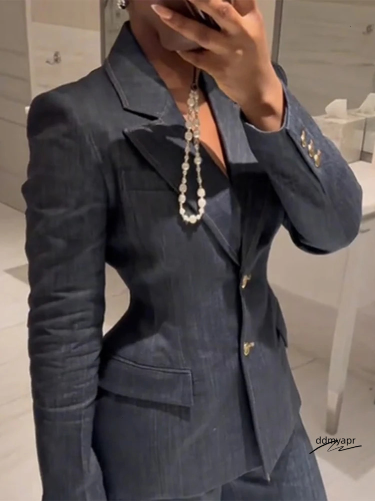 Vintage Denim Pant Ddmyday Sets 3 Pieces For Women Cinched Waist Blazer Strapless Vests Straight Trousers 2025 Jeans High Street Outfits 250226