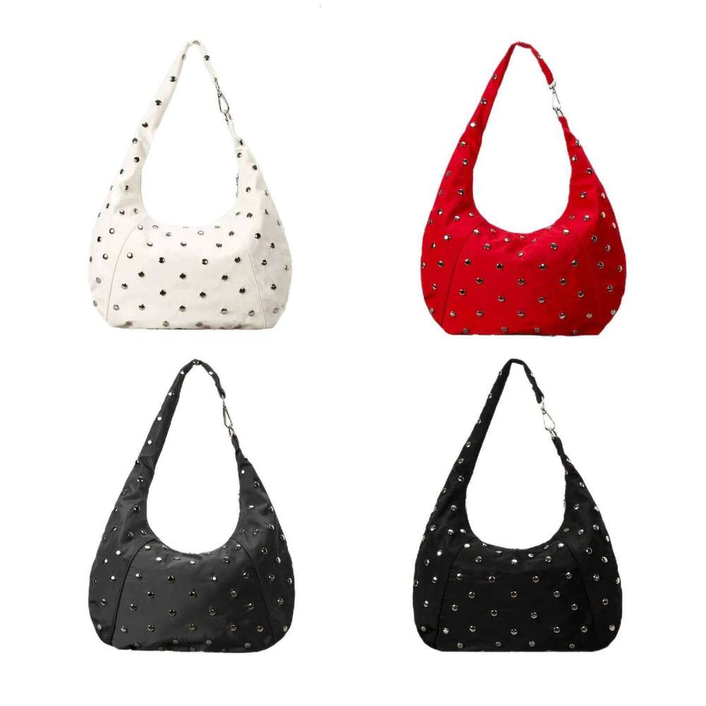 Punk Rivet Tote Bags For Women Half Moon Black Shoulder Soft Nylon Handbags And Purses High Quality Cloud Bag Shopper