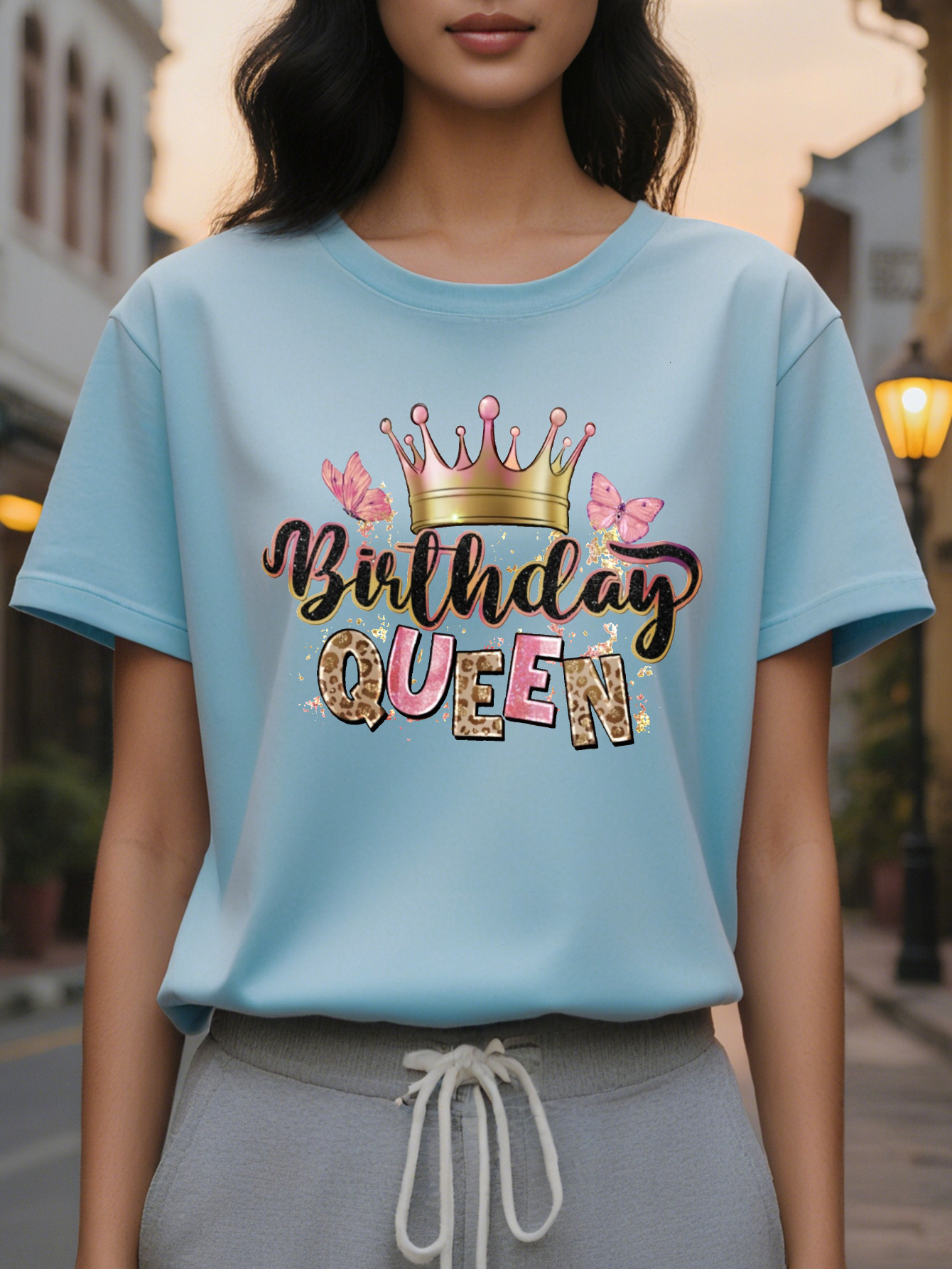 Birthday Queen Printed T-shirt Casual Round Neck Short Sleeve Top Women's Clothing