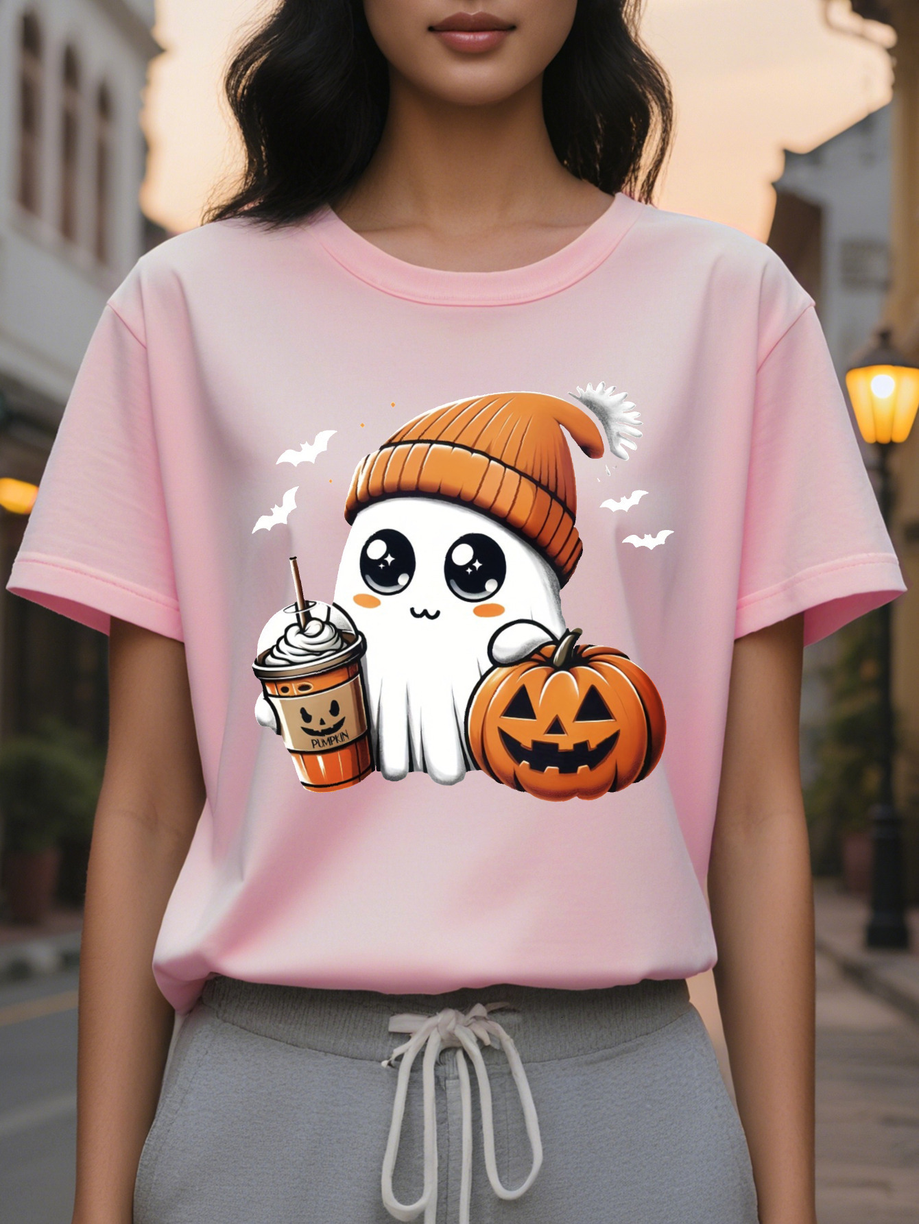 Women's casual short sleeve round neck T-shirt with pumpkin and ghost application cotton knit fabric regular cut