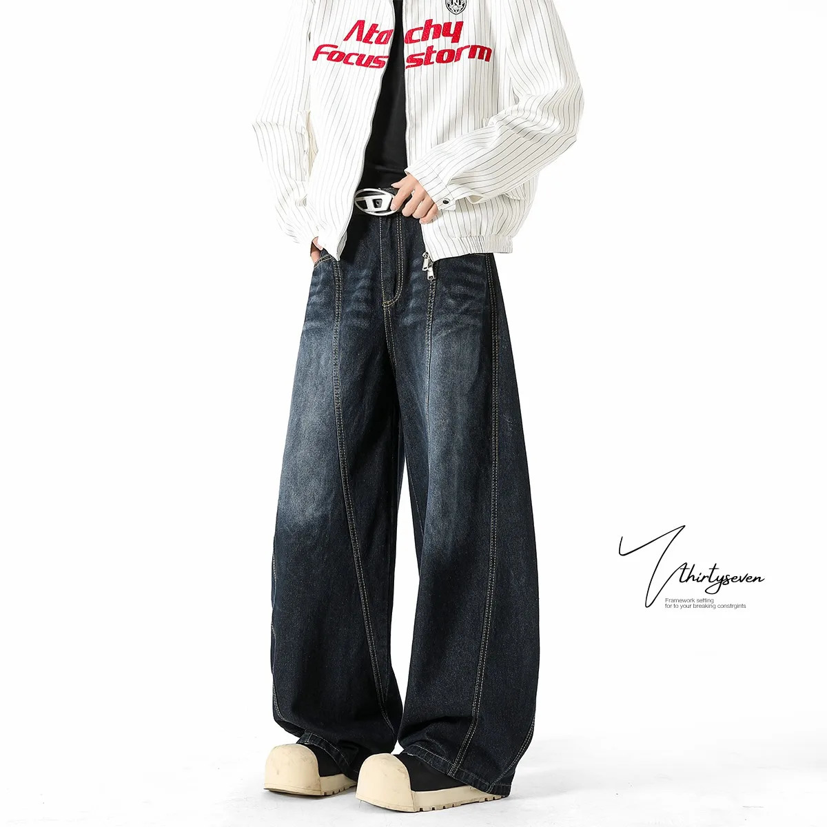 Casual Deep Blue Scimitarmens Jeans Loose Wide Leg Pants Simple Fashion Trendy Style Seasonal 250823Z