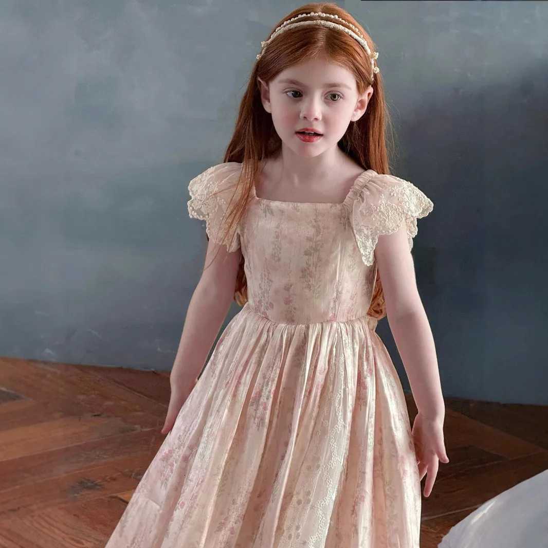 2025 Summer New Girls Floral Lace Flying Sleeve Dress Sweet Lace Patchwork Dress Forest Style Princess Dress Z250904