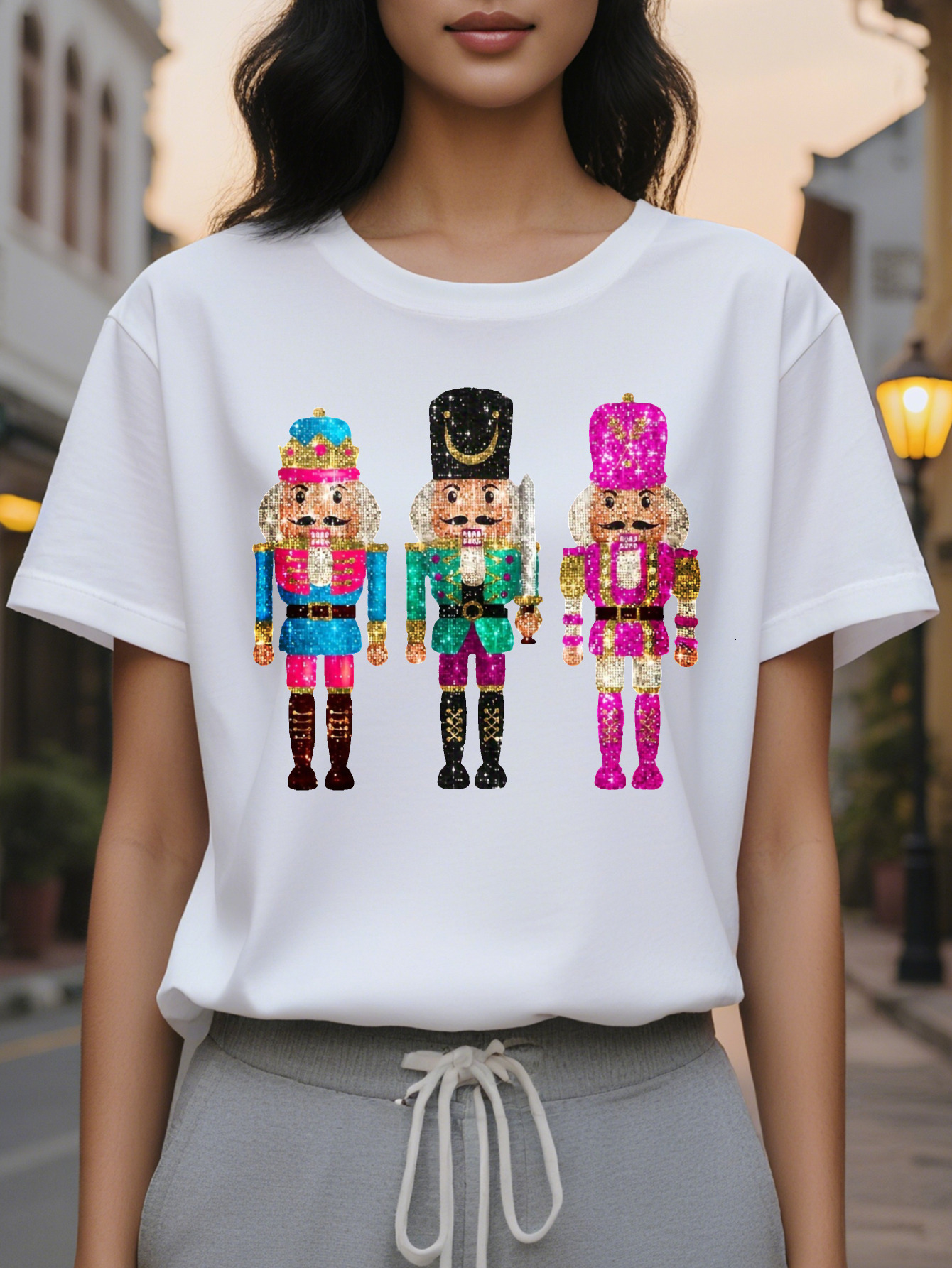 Large XL All Seasons Cotton Knit Fabric Women's Casual Cartoon Nutcracker Printed Round Neck T-Shirt Plus Size