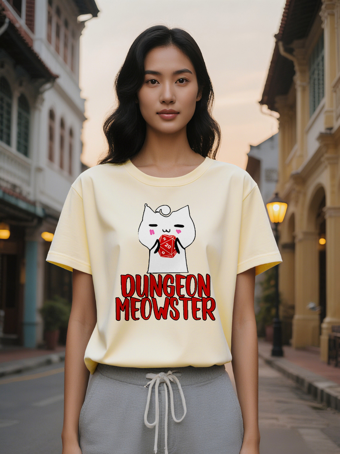 Lady Casual Graphic T-Shirt Black Round Neck Tee with White Cartoon Red Dice Print D Inspired Dungeon Meowster