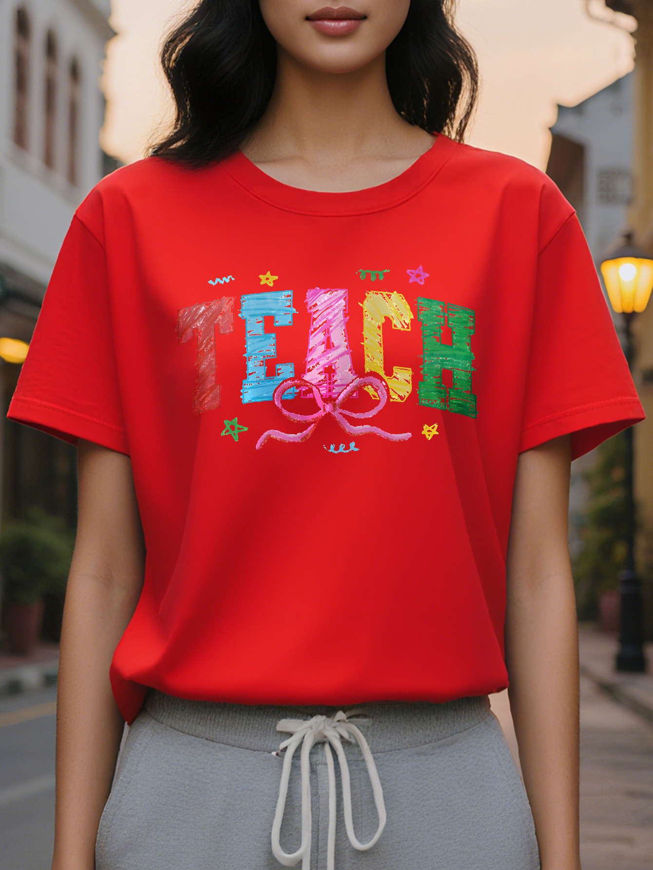 Women s Elegant Short Sleeve Round Neck Cotton Dress, Casual Top with Alphabet Pattern for Summer and Spring