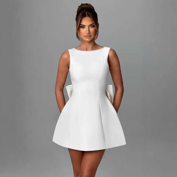 European and American Hot-Selling Cross-Border Summer Women's Pearl Bow Fashion Slim Short Backless Hot Girl A-Line Party Dress