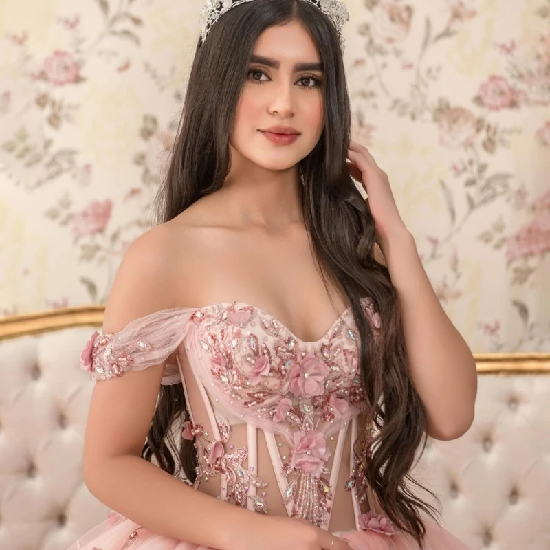 Pink Quinceanera Dresses Ball Gown Off The Shoulder Applique Lace Flower Beads Tull Sweet 16 Dress Vestidos 15 De Anos